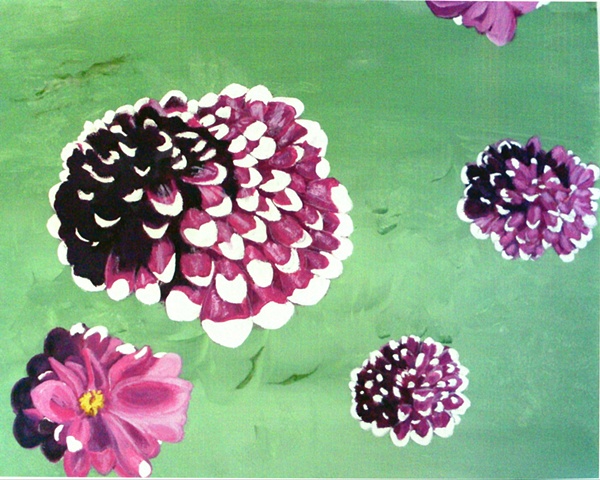 Image of Dahlia flowers floating in green space by Patricia BeBeau.