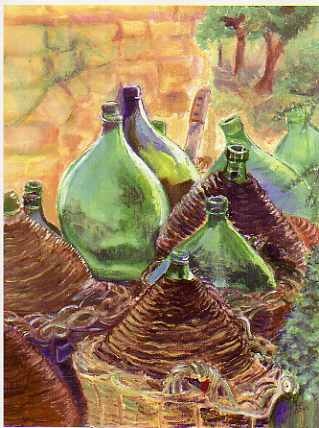 Image of large wine jugs in Tuscany vineyard field by Patricia BeBeau.
