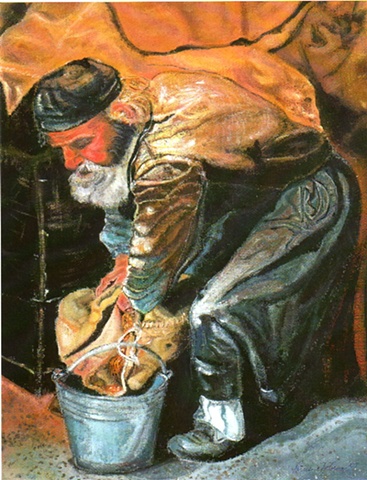 Image of Serbian Monk working in pajamas by Patricia BeBeau.