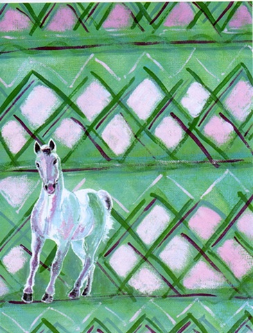 Image of White Horse on fence background by Patricia BeBeau.