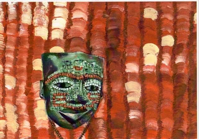 Image of Ancient Aztec mask on clay tiles background by Patricia BeBeau.