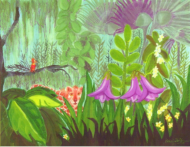 Image of jungle cat peering out from tropical growth fantasy by Patricia BeBeau.