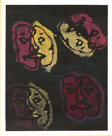 Image of block print faces on black paper by Patricia BeBeau.