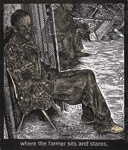 woodcut print, inmate of Juarez asylum, Mark Strand's poem, The Room