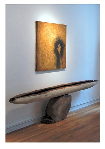 the fifth element, 2000, stone, earth pigment clay, fire, water, charcoal, hair, rusted metal, various dimensions: (boat) 8ft x 1ft, (wall painting) 48 x 48”