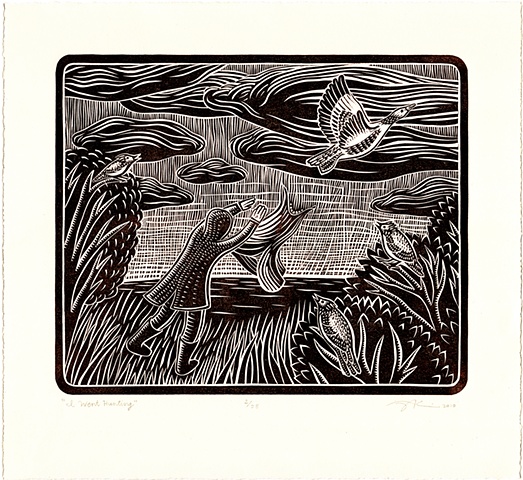 Linocut print "I Went Hunting" by Aijung Kim inspired by lyrics from a song by Alasdair Roberts