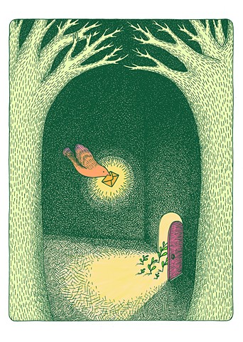 pen and ink illustration of a bird with an envelope in its beak flying to an open door from inside a dark forest room