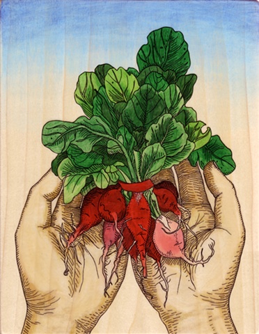 gel transfer painting of hands holding a handful of radishes in the spring