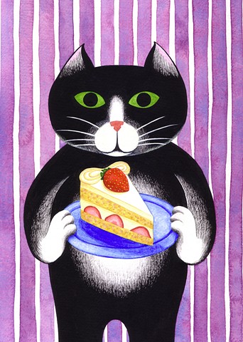 black and white cat holding a slice of strawberry shortcake