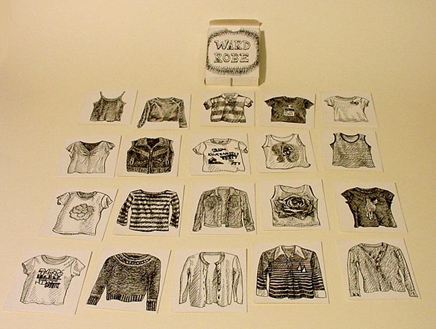 Pen and ink drawings of shirts, vests, tank tops, and sweaters