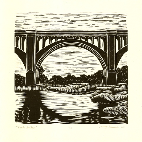 Linocut print of a train bridge in Richmond, VA by Aijung Kim original illustration for Grant Hunnicutt album 