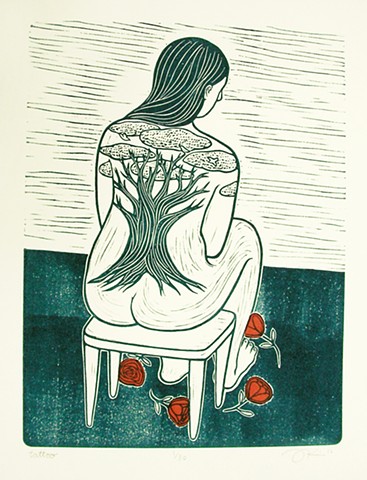 Linocut print with chine colle "Tattoo" by Aijung Kim www.sprouthead.etsy.com