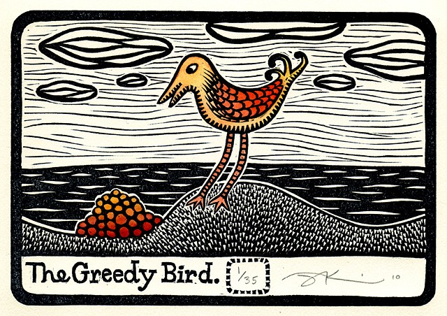Linocut print of "Greedy Bird" by Aijung Kim