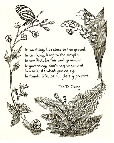 Tao Te Ching quote with a border of ferns, flowers, a snail, and a butterfly
