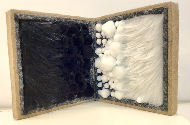 K.W. "a brief history of abstraction" 2019 wood, felt, pompoms, faux fur, 8.5" x 8.5" x 4" 