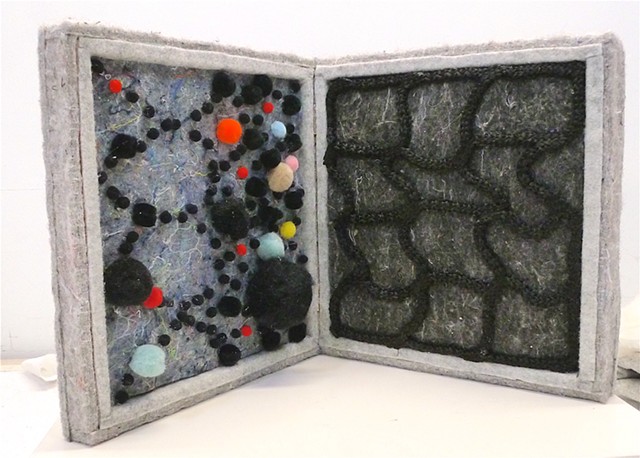 K.W. "a brief history of abstraction" 2019 wood, felt, pompoms, netting, 8.5" x 8.5" x 4" Collection Margo Sawyer, Austin, TX