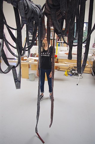 WIP *Kay Whitney "Icarus device" 2019 felt, plywood, leather, aircraft cable, stainless steel, 9' x 6' x 4.5'* copy