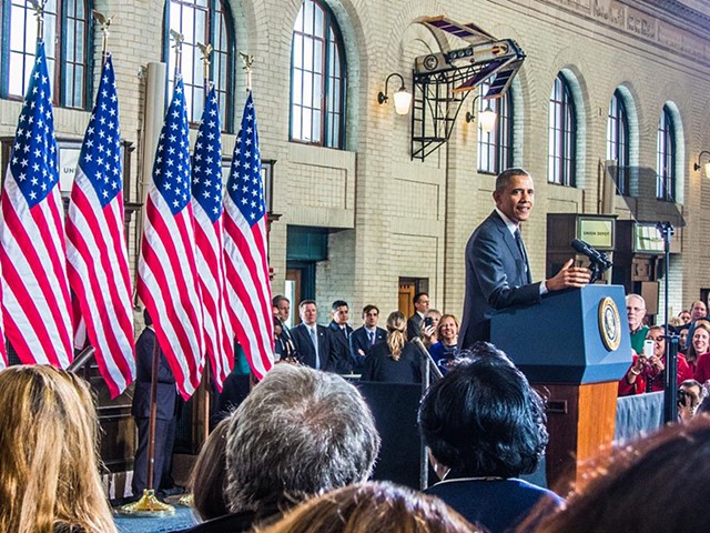 President Barak Obama speaking in St. Paul's Union Depot by one of my pieces. 