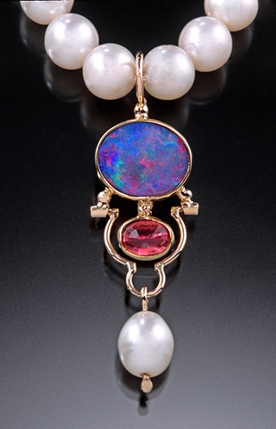 Australian opal, pink tourmaline and pearl pendant in 14k and 18k gold.