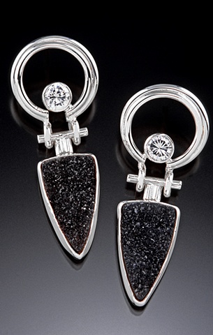 Black druzy and CZ suspension hinge earrings in silver...