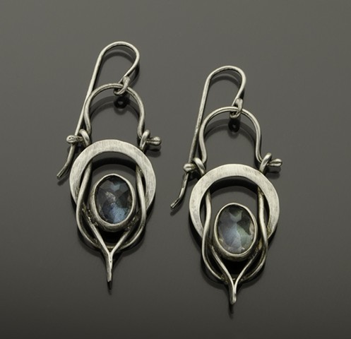 Labradorite Earrings, Forged and Hinged Sterling Silver