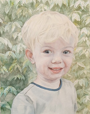 Oil painting portrait of young boy, leafy foliage in background