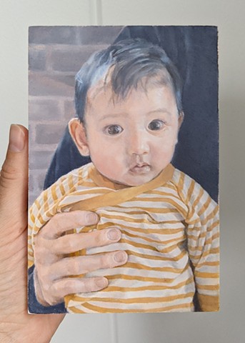 Oil painting portrait of baby girl in striped shirt