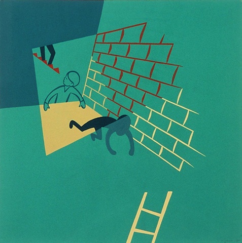 Green, brown, and ochre detail of triptych painting of boys running from shadowy figure on stairs in darkened basement with brick wall and secret compartment with ladder by Steven L Jones