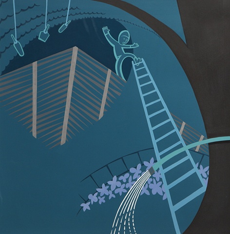 Green, blue, and brown detail of 5-panel painting of boy on slippery ladder beside lynched bottles above flower garden in suburban neighborhood at night by Steven L Jones