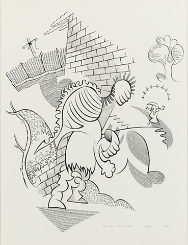 Cartoony ink and pencil drawing of figure in mask with bizarre hunchback construction on back scaring girl in suburban neighborhood with brick house and garden with chicken wire by Steven L. Jones
