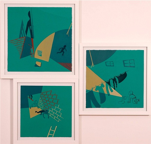 Green, brown, and ochre triptych painting of boys running from shadowy figure in darkened basement with stairs, hanging lightbulb and laundry, flashlight, and secret cmpartment in wall by Steven L Jones