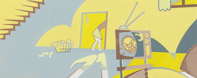 Yellow, gray, and brown painting of boy on sofa in basement watching a monster movie, possibly masturbating, while a woman does laundry by Steven L Jones