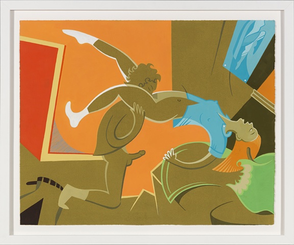 Orange, red, bronze, blue, and green detail of 6-panel painting of adolescent couple having oral sex with apple and superheroine poster by Steven L Jones