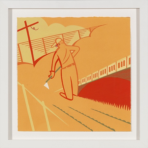 Orange, red, and green detail of 5-panel painting of man gardening with hoe on summer morning beside cross by Steven L Jones