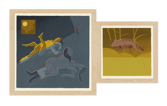 Diptych in brown, gray, and yellow, antique colors, of moonlit night in rural Kentucky cabin with couples having sex below Catholic icon while unknown panther or wolf like beast prowls nearby