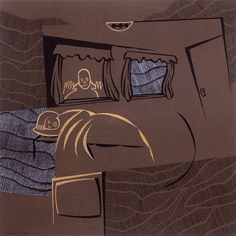 Brown, white, and gold painting of sleeping boy in bedroom with scary figure looking in window by Steven L Jones