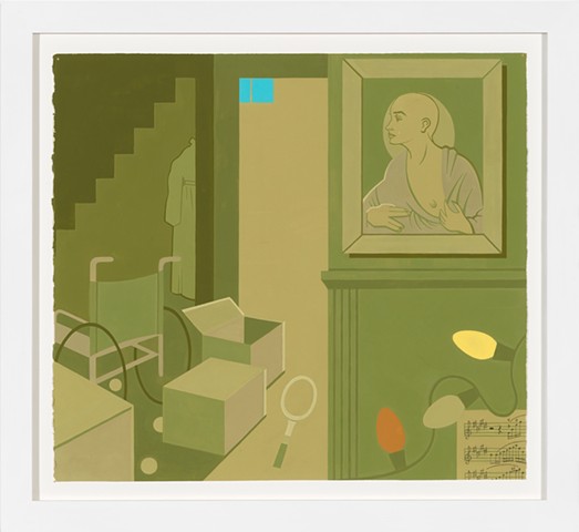 Painting in brown, green, orange, blue and yellow of postwar suburban home kitchen, basement, yard and porch, empty with packing boxes after death of parents, sink, wheelchair, piano, Christmas lights, painting of Madonna-like mother baring breast, and in
