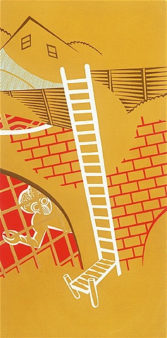 Ochre, red, and blue detail of triptych painting of ladder leading from suburban neighborhood to caged monster and pier on underground stream by Steven L Jones