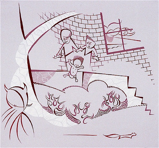 Violet, maroon, and white painting of two boys on a suburban front porch dropping a toddler into the bushes while woman sleeps with running squirrel and child in devil mask by Steven L Jones