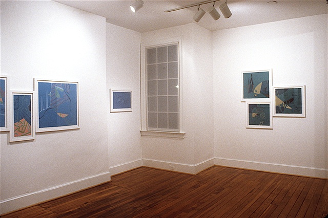 Installation view of gallery exhibit in Richmond, Virginia of colorful, cartoony mutli-panel paintings by Steven L. Jones