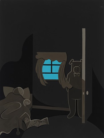 Brown and blue painting of sleeping boy with centerfold on floor and man-size teddy bear behind closet door by Steven L Jones