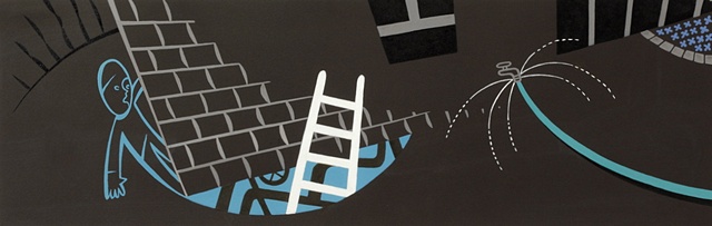 Brown and blue detail of 5-panel painting of boy, ladder, garden hose, and tunnel underhouse with pipes at night in suburban neighborhood by Steven L Jones
