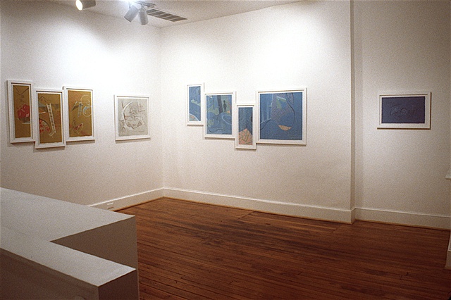 Installation view of gallery exhibit in Richmond, Virginia of colorful, cartoony mutli-panel paintings by Steven L. Jones