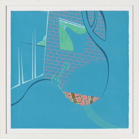 Blue, green, pink, and gold detail of 4-panel painting of suburban house at night with sleeping boy in window, shower, shovel, underground pipes, and mysterious trail by Steven L Jones