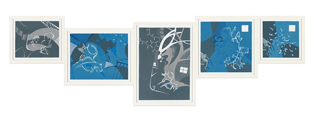 Blue, gray, and white 5-panel painting of frightened boys in car, frozen dogs in suburban neighborhood at night during winter, Christmas lights and snow, and boys indoors where one falls and shatters like ice by Steven L Jones
