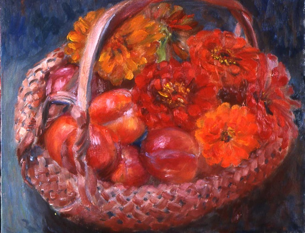 Zinnias and Plums in Chinese Basket