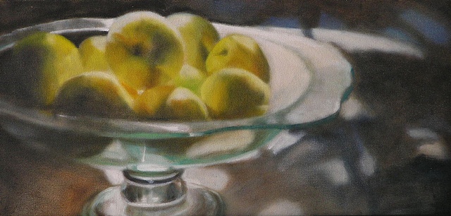 Afternoon Sun on glass bowl with yellow apples