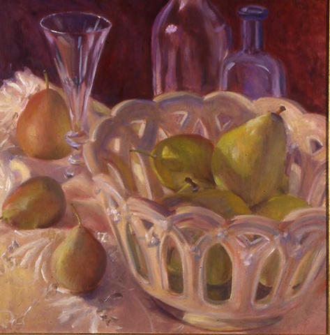 Weller pierced bowl with pears and glass