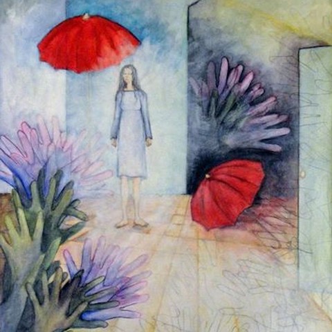 Two Red Umbrellas, Two Thistles