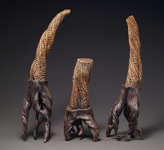 ceramic, stumps, trees, carving, twisted, annie b campbell